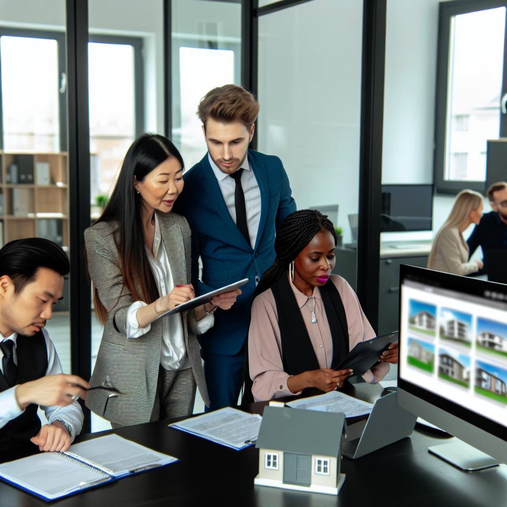 A diverse group of real estate agents working together in a modern office, collaborating on listings and discussing strategies.