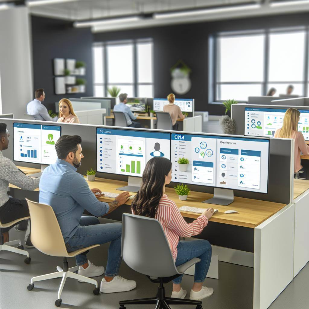 A modern office space with a team of professionals collaborating on computer screens displaying RealHub365's CRM solutions for real estate.