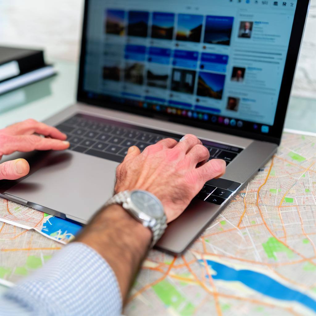 A real estate agent sitting at a desk with a laptop, surrounded by maps and property listings, typing on a keyboard with a determined expression. The laptop screen displays various social media platforms.