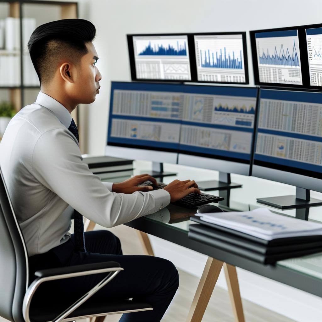 A real estate agent sitting at a sleek modern desk with multiple computer screens displaying graphs, charts, and listings. The agent is focused and engaged in analyzing data and trends in the housing market.